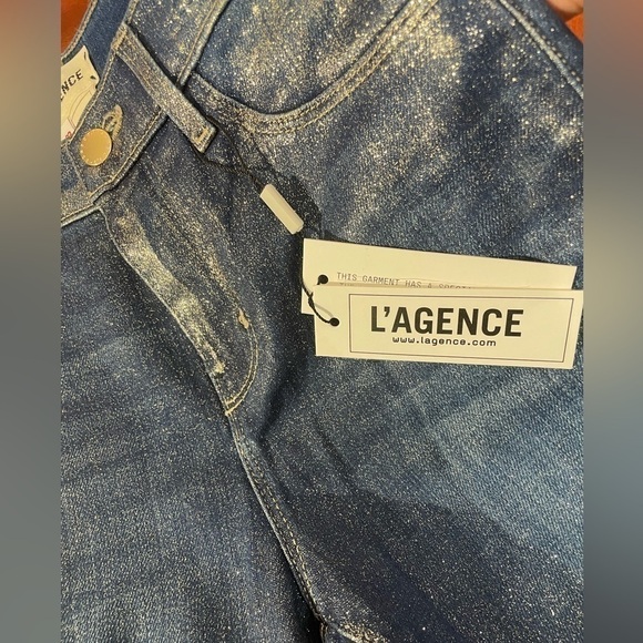 L'AGENCE El Matador Glitter-Coated Stretch Slim-Fit Jeans 32 Blue Raw Hem - Picture 6 of 16